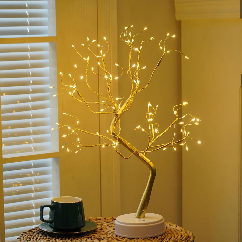 LED Bonsai Tree Lamp: Silver Branches with Pearls and Gold Leaf, Perfect for Christmas or Night Lighting