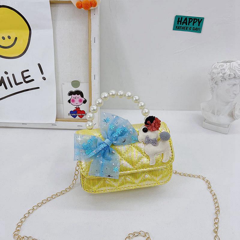 Adorable Kids Fashionable Mini Pu Leather Handbag With Charming Pearl Accessories Pony Yellow