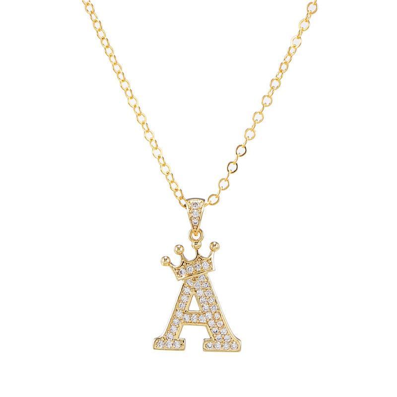 Fashion Cubic Zirconia Crown Letter Pendant Necklace Gold Hip Hop Punk Alphabet Jewelry