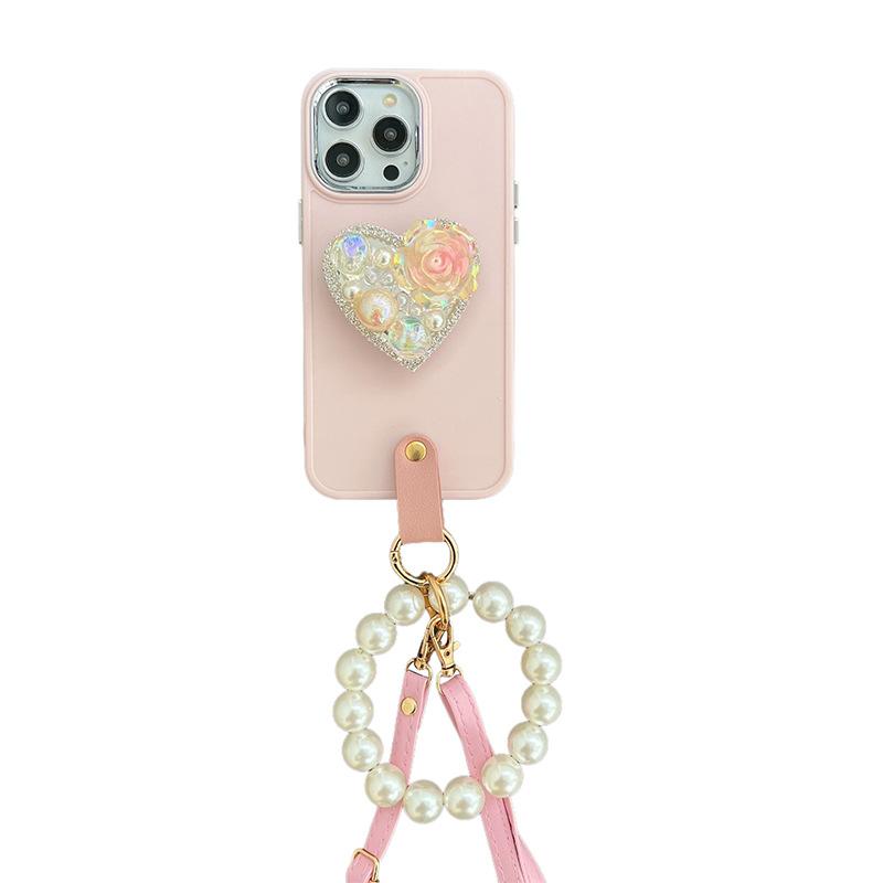 Apple 15 Rhinestone Pearl Love Holder Phone Case For Iphone17 Pearl Handchain Crossbody Rope Silicone