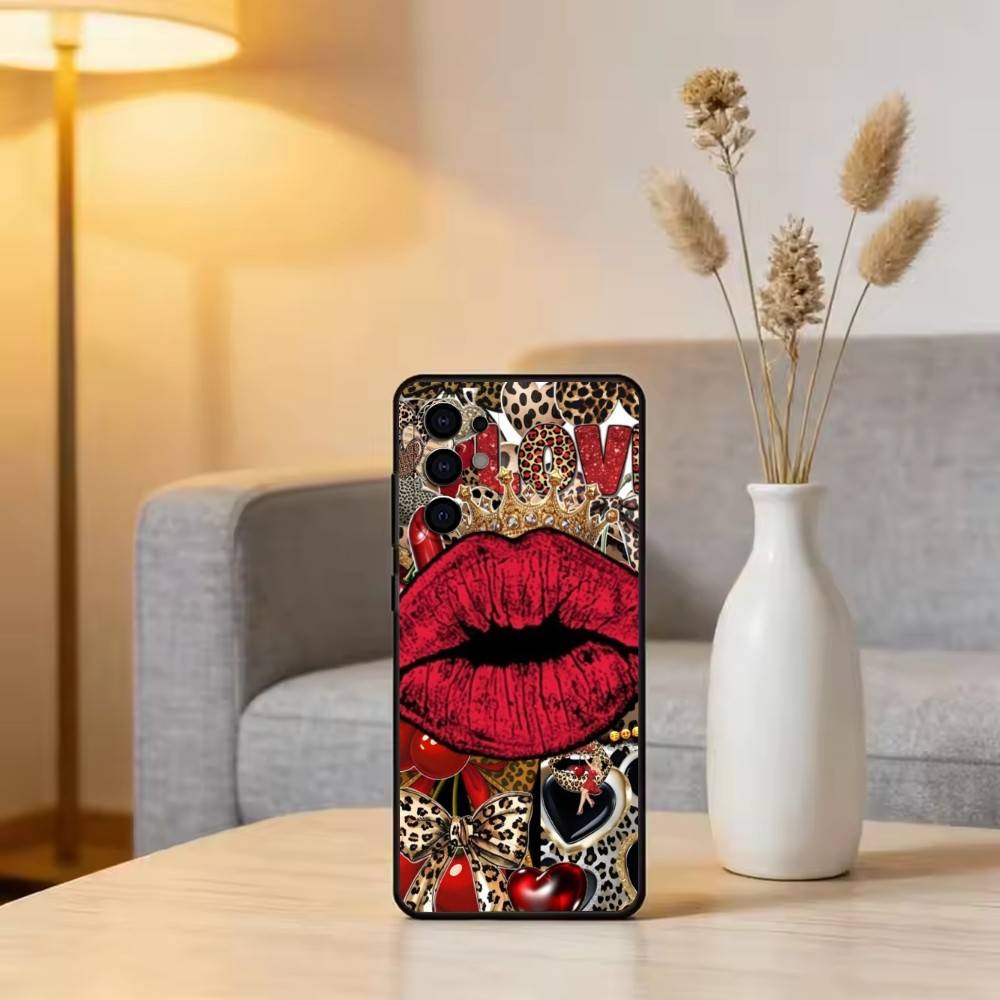 Lip print Phone Case For Samsung S25,S24,S21,S22,S23,S30,Ultra,S20,Plus,Fe,Lite,Note,10,Black Cover