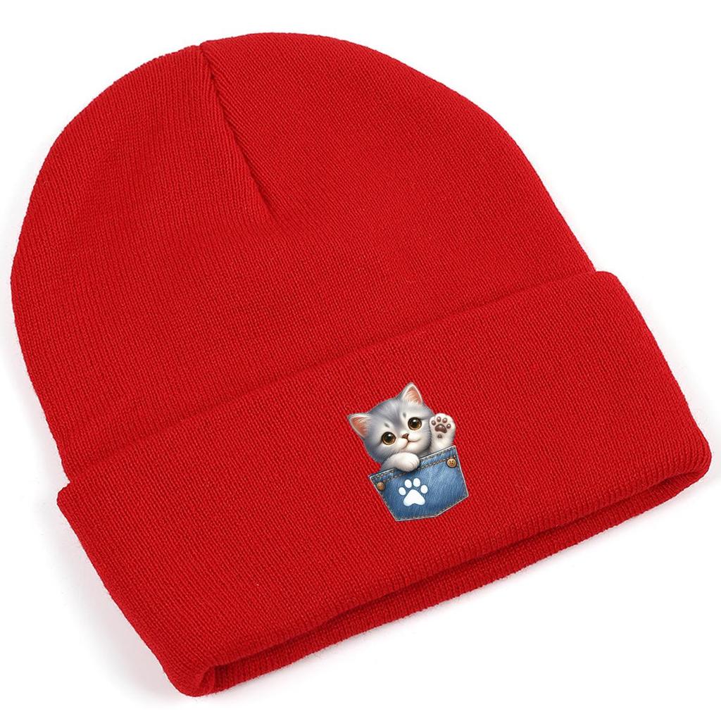 Pocket Cute Cat Print Knit Cap Beanie, Print Pompom Beanies Hip Hop Versatile Elastic Slouchy Knitted Cap Beanie