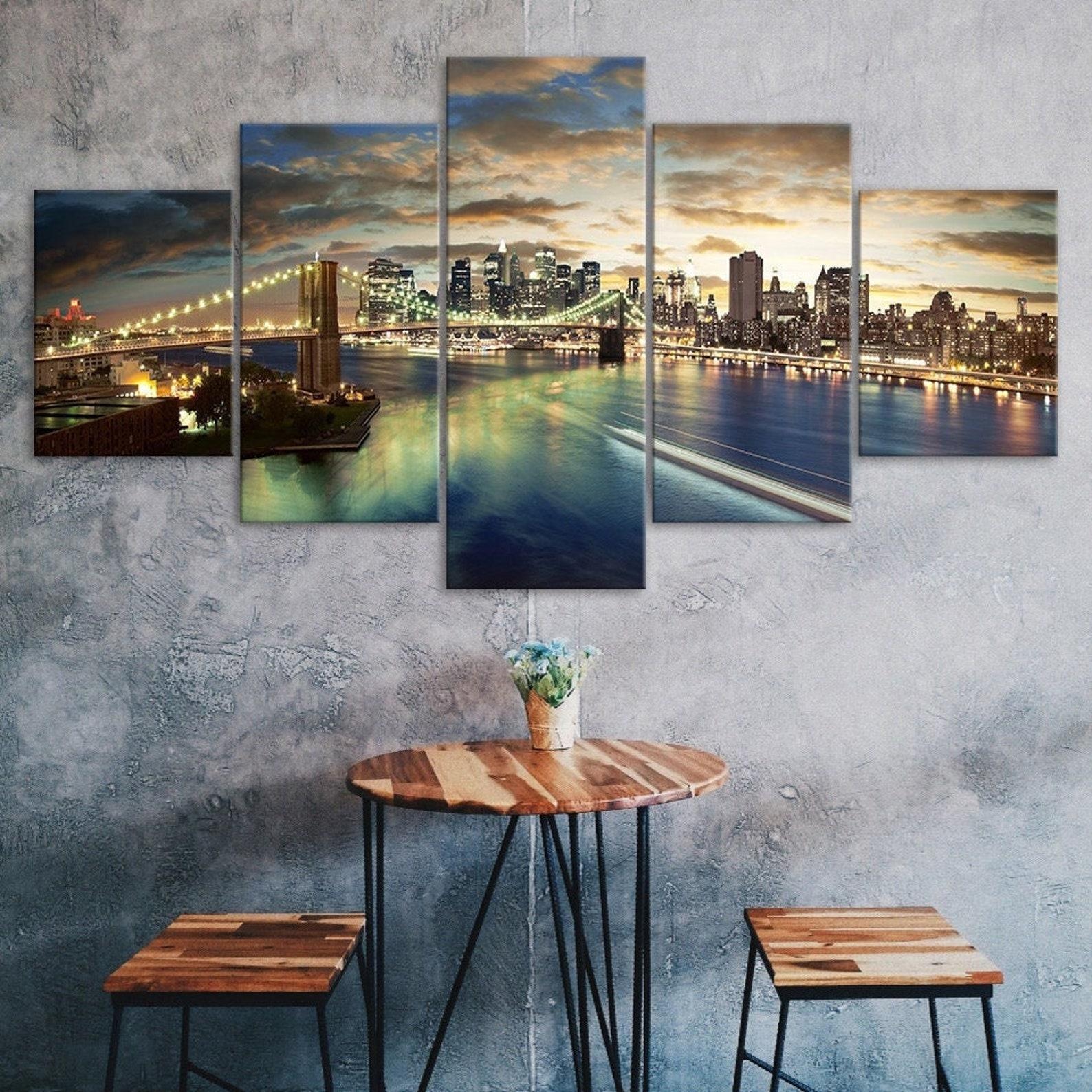

Brooklyn Bridge Manhattan New York Scenery 5 Piece Five Panel Wall Canvas Print Modern Art Poster Home Decor Gift For Him For Her 20X35 20X45 20X55CM