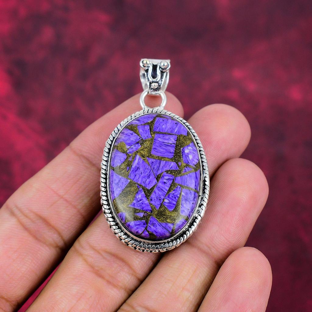 Kobber Charoite anheng edelstensmykker, 925 massivt sterlingsølv anheng, håndlaget gave til kone anhengsmykker