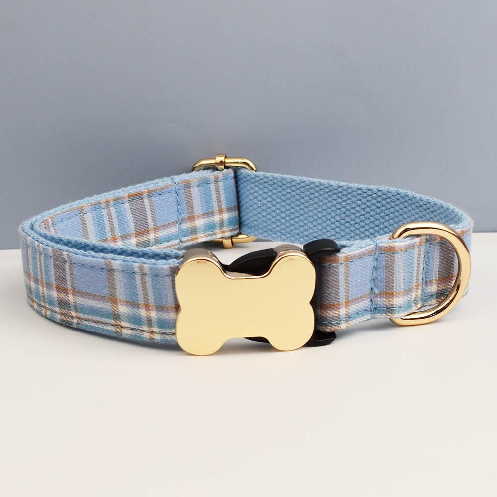 Pet Dog Collar With Grid Print Design And Bone Decor For Gift And Holiday