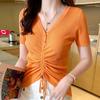 2023 Summer Women's V-Neck Ice Silk Knitwear, Slimming Half-Sleeve Top with Button Drawstring