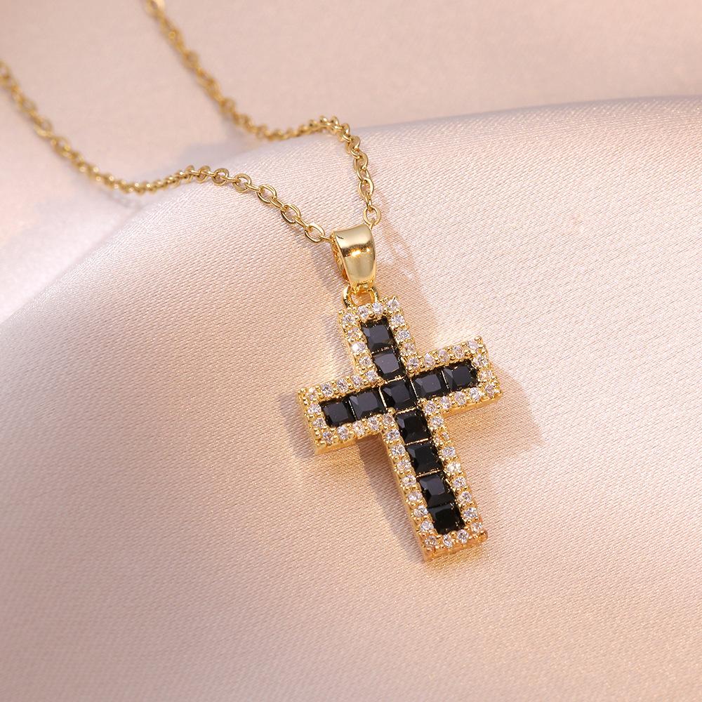 Luxury Female Black Rainbow Zircon Stone Cross Pendant Necklace Vintage Gold Color Wedding  For Women