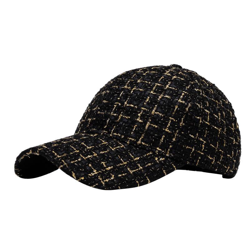 Classic French Style Plaid Baseball Cap for Women - Gold Thread, Hard Brim, Fashionable Autumn/Winter Accessory