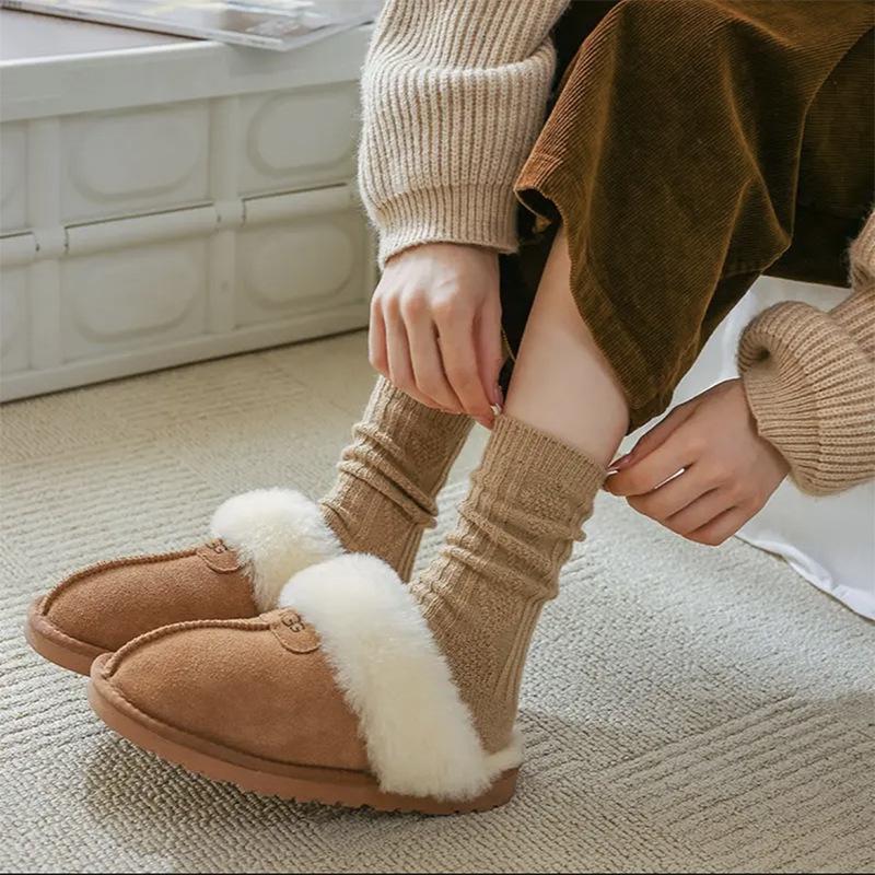 Warm Wool Women's Mid-Calf Slouch Socks - Double Needle, Thick Striped, Solid Color for Autumn & Winter