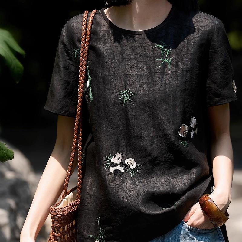 

22MM Шелковая футболка с вышивкой Панда под черепаховую расцветку - Новый китайский стиль Шелковый летний топ для женщин Large