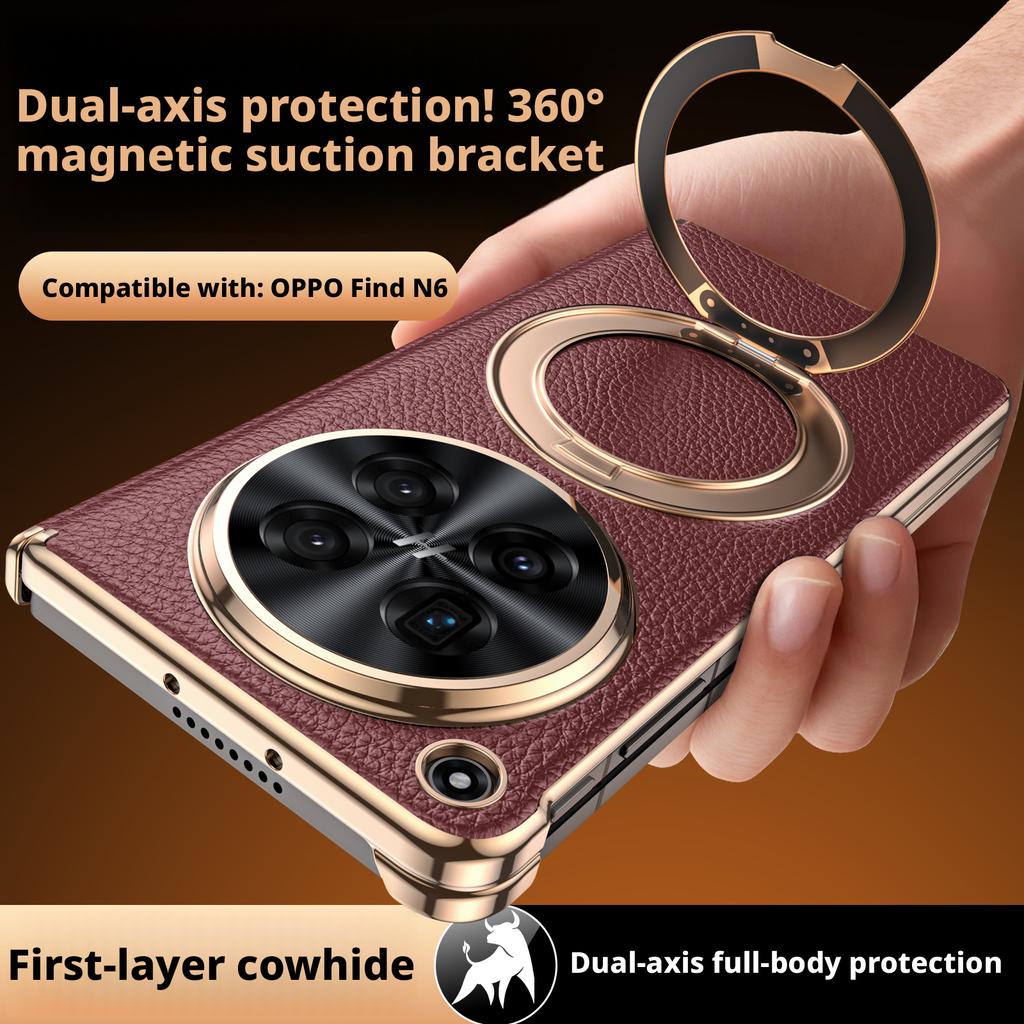 For Oppo Find N6 Case Genuine Leather Magnetic Metal 360° Rotating Stand Dual Hinge Protection Cover For Find N6 Phone Shell