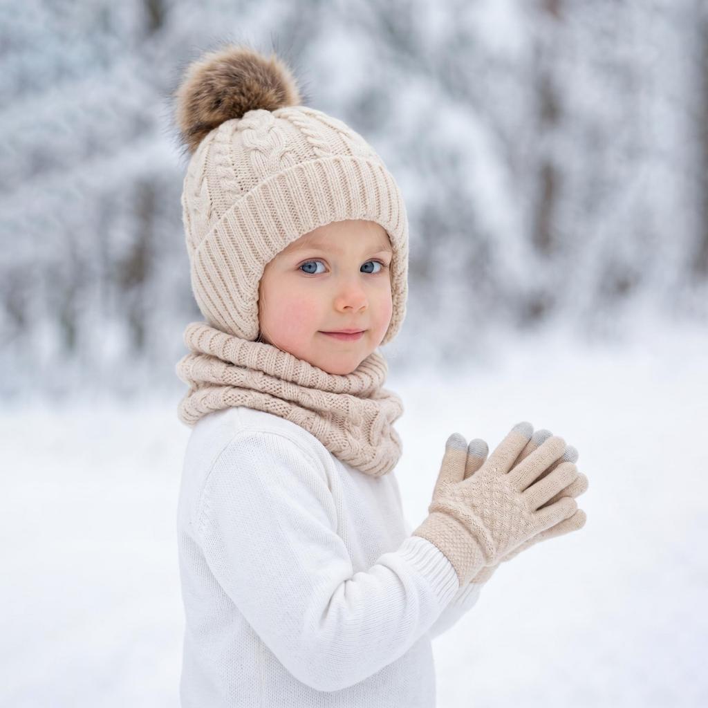 Kids Winter Warm Knitted Set Pom‑pom Hat Scarf Gloves 3‑Pcs Set Or Single Beanie Hat Windproof Ear Protection For Boys Girls Cold Weather Outdoor