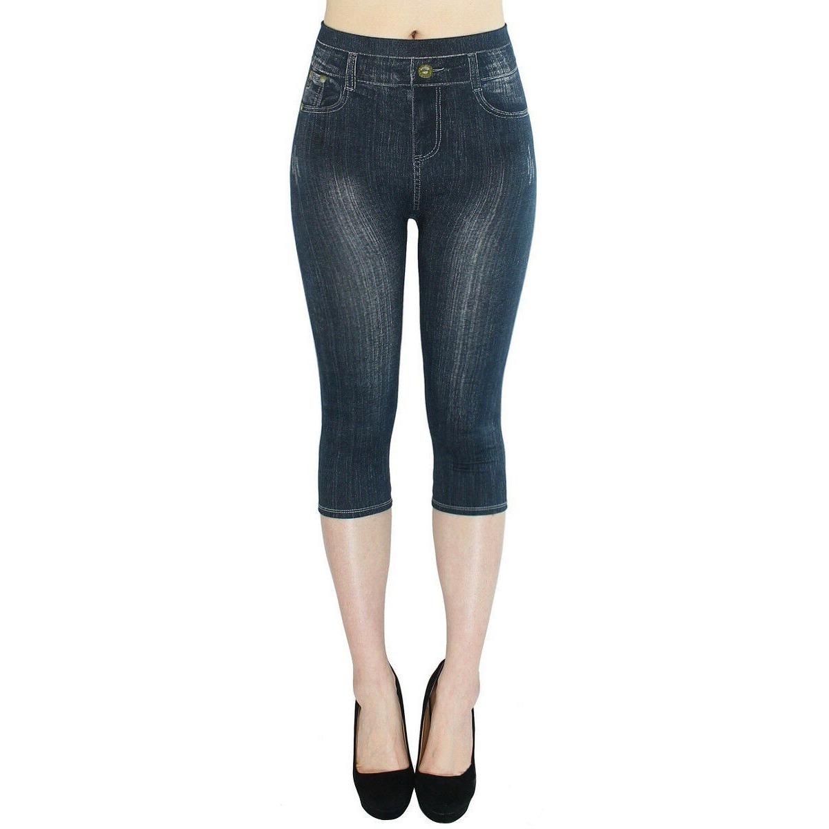 

Леггинсы из искусственного денима, женские укороченные брюки, летние 3/4, джеггинсы, узкие капри L чёрный