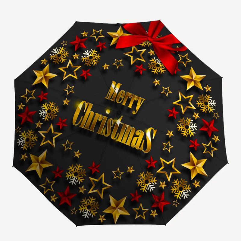 Merry Christmas Wreath: Festive Gold & Red DecorUmbrella, Portable 3-Fold Compact Umbrella,Christmas Gift ES414