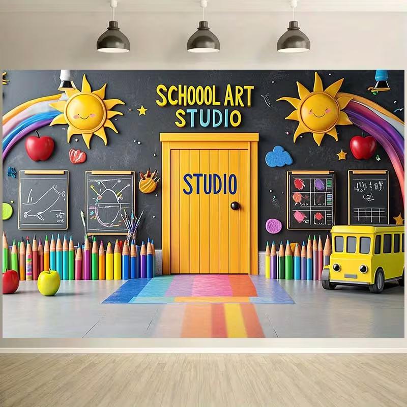 Sfondo a Tema Studio d'Arte Scolastico 2D, Arcobaleno e Sole Sfondo per Photo Booth Bambini