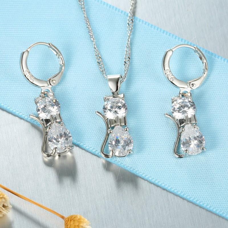 Fashion Crystal Pendant  Earing Jewelry Sets for Woman Girls Shining 4 Colors Crystal Cute Cat Pendant Necklace Earring Party Birthday Gifts