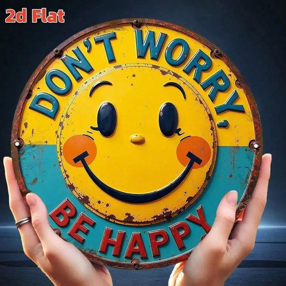 Rundes Metallschild im Vintage-Stil 'Don't Worry Be Happy' 7,8 Zoll Wandkunst Heimdekoration Blau Gelb