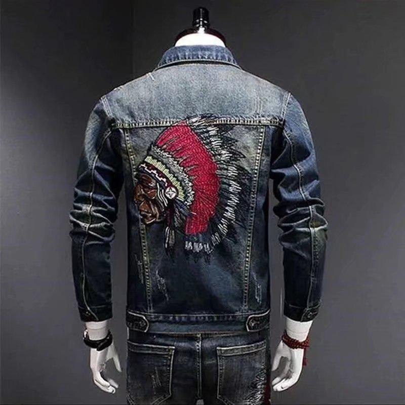 Men's Korean Style Embroidered Denim Jacket - Trendy, Loose, Casual for Spring and Autumn.