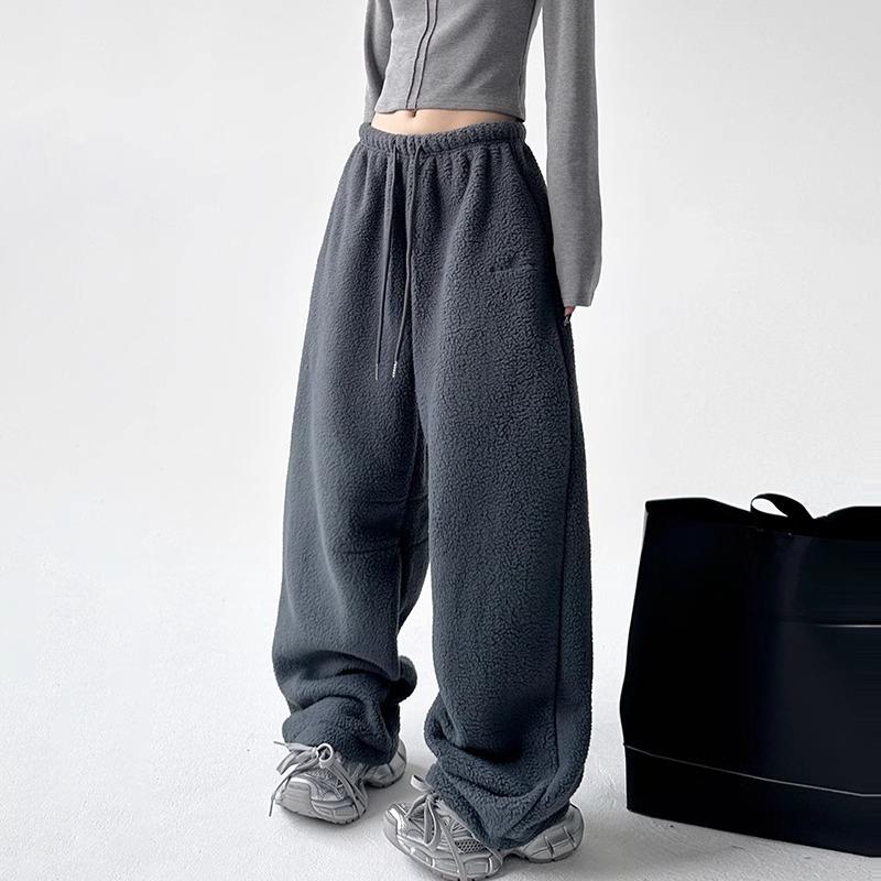 

Простые женские утолщенные брюки с эластичной талией из флиса, прямые широкие женские брюки на осень-зиму S темно-серого