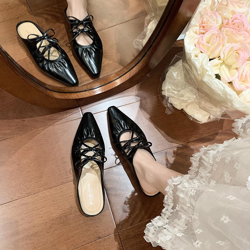 French bow bag head cool slippers women's summer wear 2025 new fairy style flat half slippers fashion sandals
