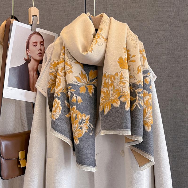 Designer Winter Warm Cashmere Scarves Women Floral Print Thicken Pashmina Shawl Elegant Lady Wool Poncho Windproof Pareo