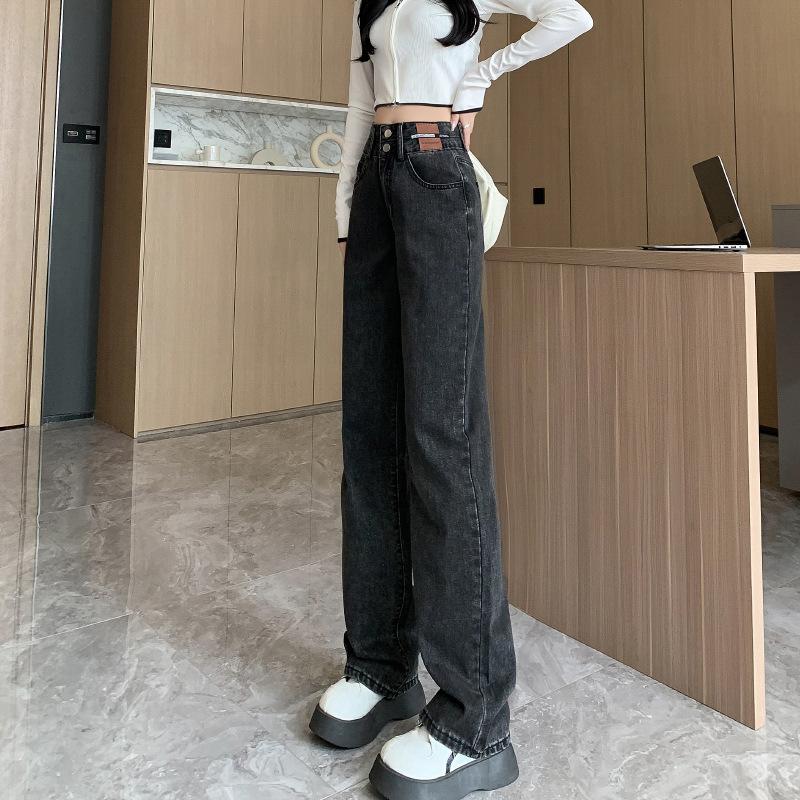 Women's High Rise Wide Leg Jeans Loose Straight Leg Denim Pants Vintage Washed Floor Length Casual Korean Style Trousers