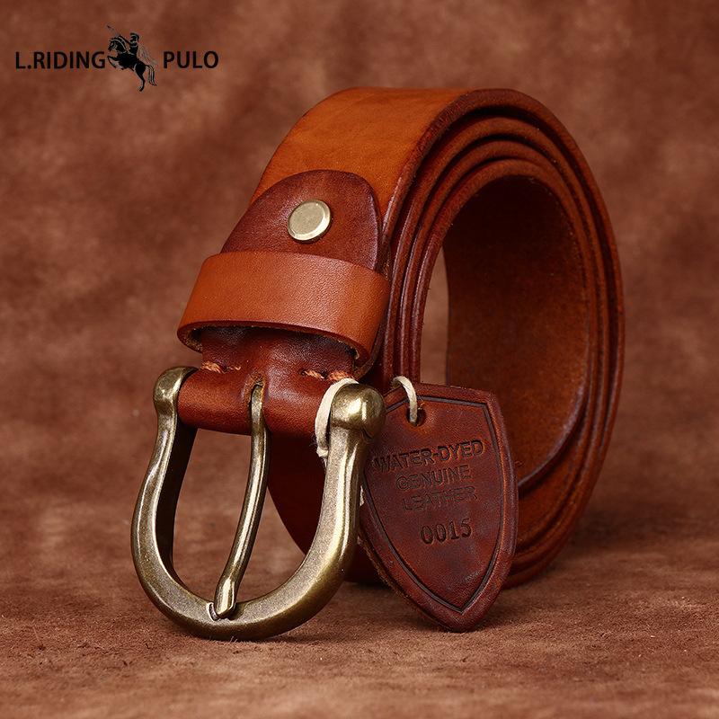 High-end Retro Water-dyed Genuine Leather Belt for Men, Top Layer Cowhide, Retro Fashion Trendy Versatile Horseshoe Buckle Belt for Men