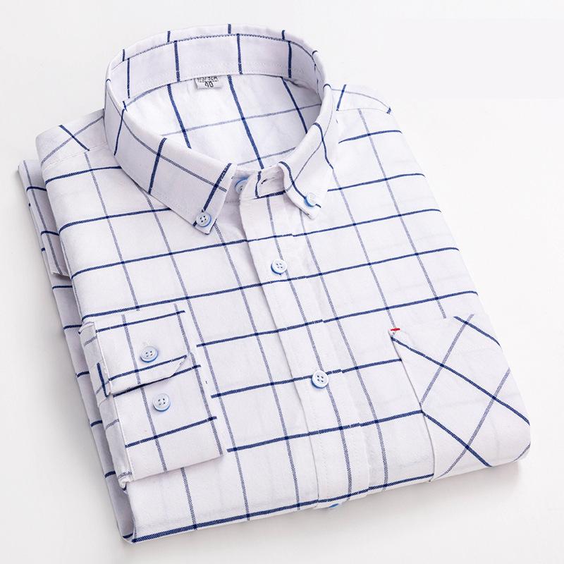New Pure Cotton Business Men Oxford Shirt Long Sleeve Casual Plaid Striped with Chest Pocket Non-iron Autumn Spring
