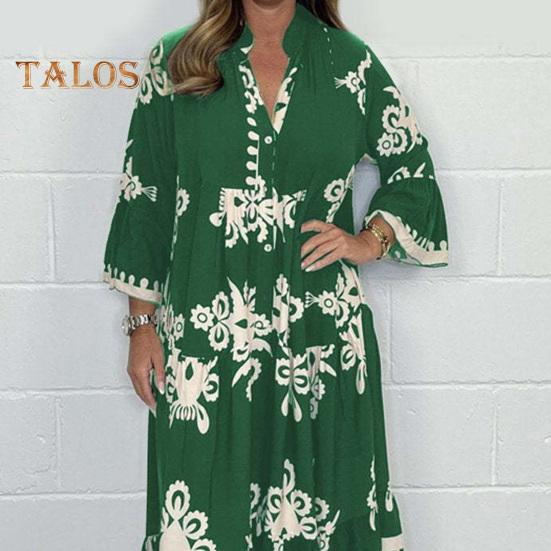 Fall Spring Dress Stand Collar Long Sleeves Color Matching Print Pleated Patchwork A-line Loose Hem Ankle Length Dating Daily Wear Maxi Dress