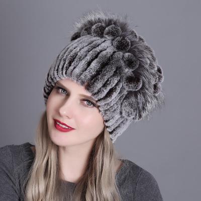 Natural Rex Rabbit Fur Warm Hat Women's Knitted 100% Natural Fur Hat Fluffy Winter Leather Hat