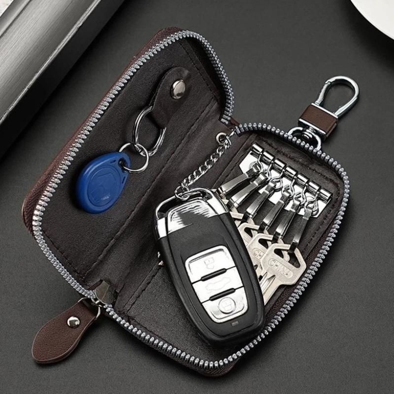 Pu Leather Key Wallet Case With Zipper Closure Detachable Keychain And Card Slot For Daily Commute Travel Carrying Keys Cards