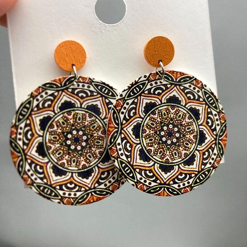 Ethnic Vintage Round Printed Wooden Earrings for Women Simple Muticolor Flower Pattern Drop Earring Daily Party Jewelry