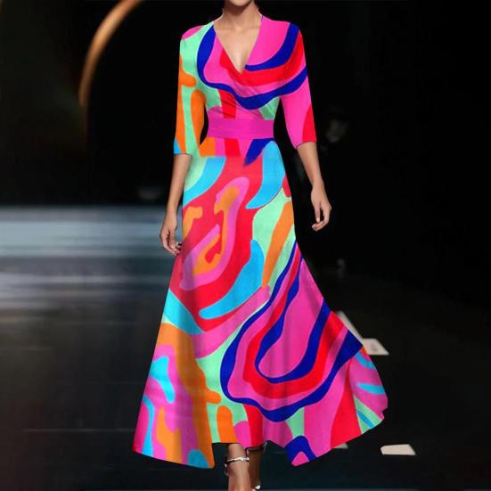 Fall Spring Maxi Dress Cross V Neck Three Quarter Sleeves Colorful Print A-line Big Swing Slim Waist Dating Shopping Banquet Long Dress