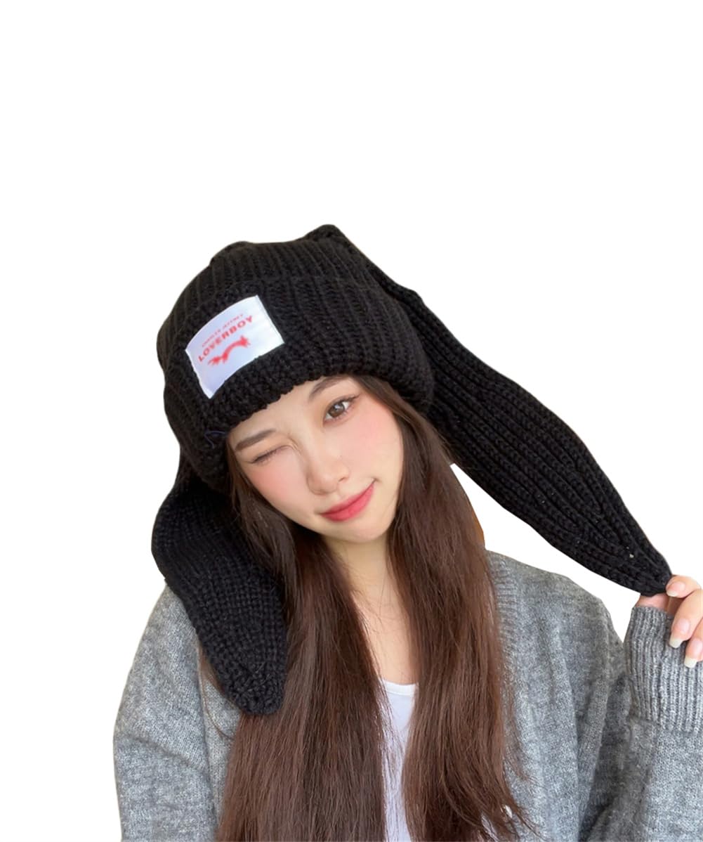 

ZHONGJUE Knit Thick Knit Hat with Bunny Cute Knit Popular Gift for Women Women s Hat, Autumn/Winter, Ears, Hat, (Black)