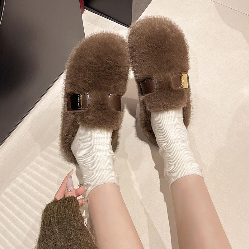 Premium Bag Head Fluffy Slippers Women's Outer Wear 2025 Autumn and Winter New Lazy One-pedal Flat-bottomed Velvet Cotton Slippers