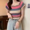 Rainbow Striped Square Neck Front Shoulder Knitted Short Sleeved T-shirt Summer Thin Cut with A Waistband Short Cut Chic and Beautiful Top