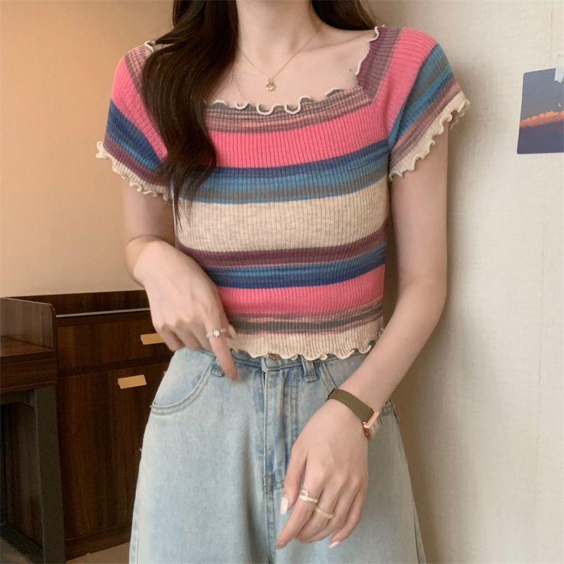 Rainbow Striped Square Neck Front Shoulder Knitted Short Sleeved T-shirt Summer Thin Cut with A Waistband Short Cut Chic and Beautiful Top
