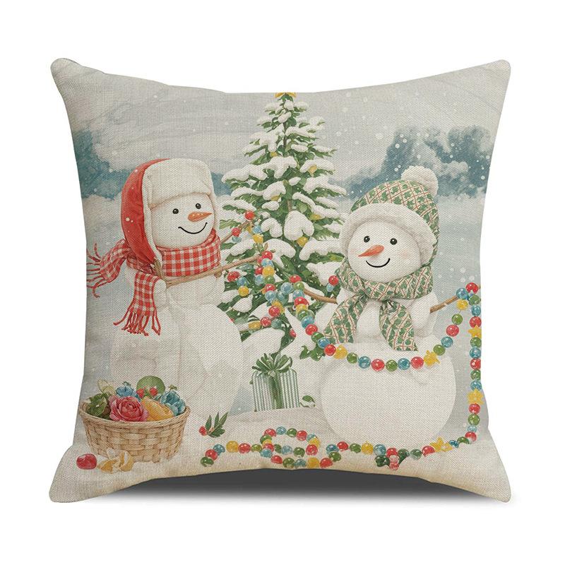 Home Decoration Linen Cushion Cover Christmas Snowman Cartoon Print Pillow Car Cushion