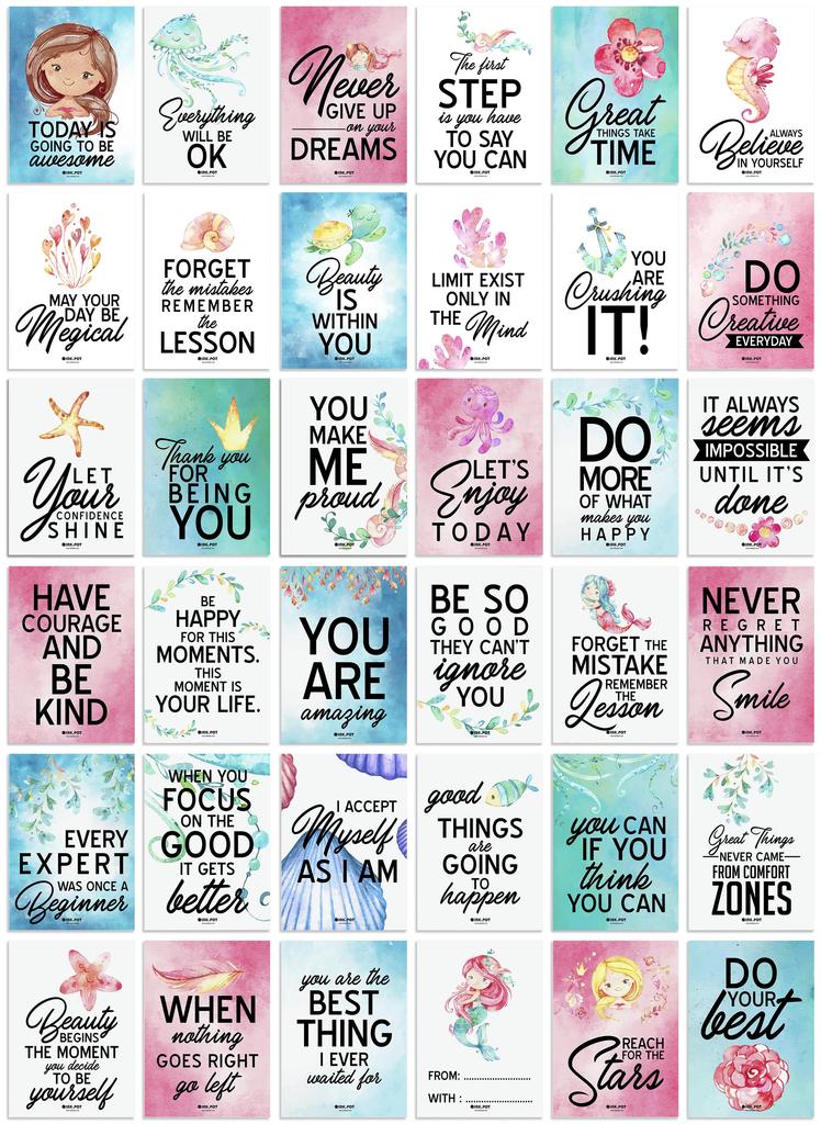 Inkdotpot Lunch Box Notes For Adults Teens, Motivation Inspiration Affirmation Cards, Pack of 36, Unique Assorted Designs (Mermaid