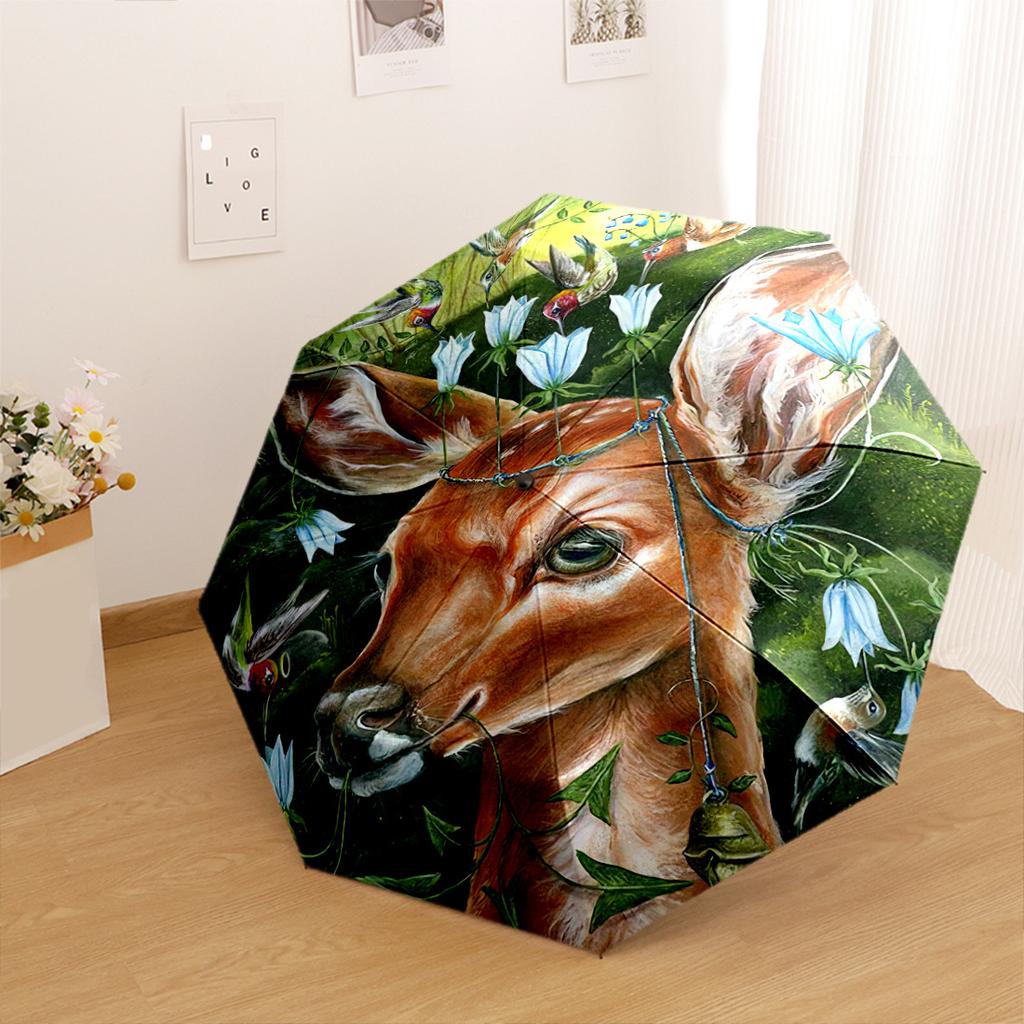 Deer In The Enchanted Forest Compact Travel Automatic Umbrella Compact 8Rib Lightweight Foldable Design Travel Essential Stylish Accessory Spiritual