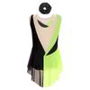 Girls Figure Skating Outfit Sparkly Rhinestone Color Block Leotard Sheer Mesh Patchwork Sleeveless Bodysuit