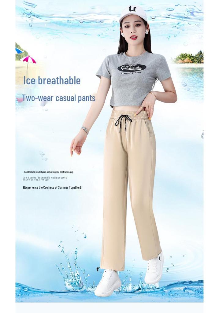 Women's Stylish High-Waist Ice Silk Wide-Leg Pants - Summer, Lightweight, Drapey, Middle-Aged Style