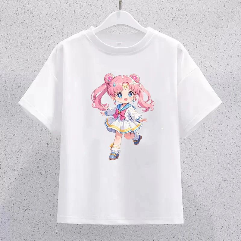 Sailor Moon Children Cotton Tshirt Cartoon Print Short Sleeve Tees Kawaii Pullover Girls Summer Casual Tops Kids Birthday Gifts