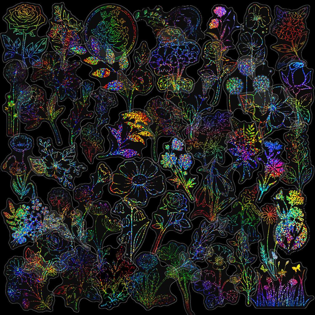 100 Transparent Laser Stickers Blooming Stickers Pet Creative Retro Laser Handbook Holographic Stickers