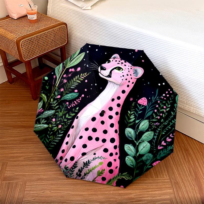 1 PC Automatic Folding Umbrella - Pink Leopard Pattern, Portable & Foldable Design with 8 Ribs, Christmas Birthday Gifts