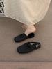 Sheepskin version~ niche French one-word cool slippers women's open-toed square head temperament Roman shoes flat beach shoes