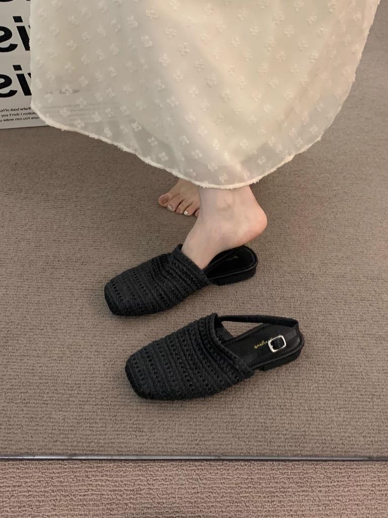 Sheepskin version~ niche French one-word cool slippers women's open-toed square head temperament Roman shoes flat beach shoes