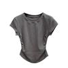 Women's Short Sleeve Crop Top Round Neck Pure Desire Ruched Slim Fit T Shirt Solid Color Basic Casual Top