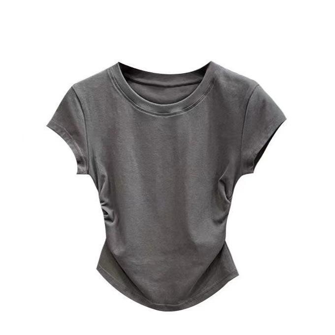 

Spice Girl Pure Wish Waist T-Shirt Short Sleeve Women s Summer New Solid Color Bottom Pullover Slim Short Top Women S темно-серого