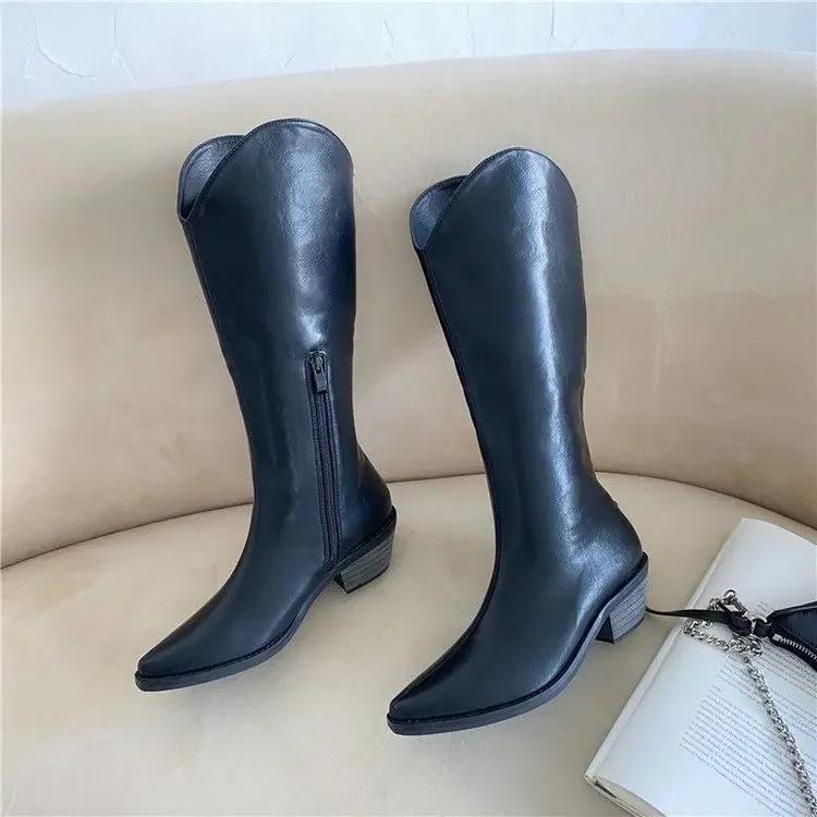 New Fashion Women Knight Boots Square Low Heel High Quality Women Boots Pointed Toe Knee-high Western Boots